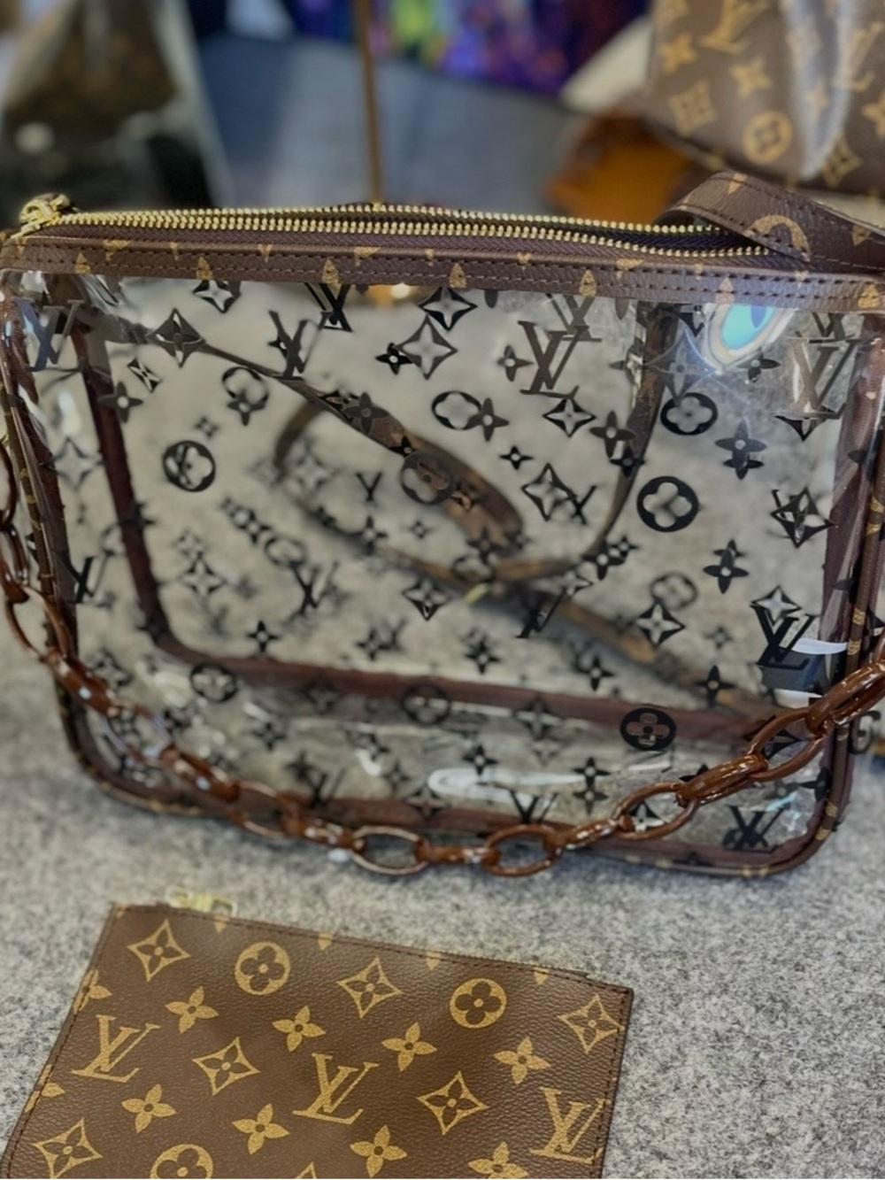 Clear Monogram Crossbody Bag with Brown Trim - Picture 3 of 3